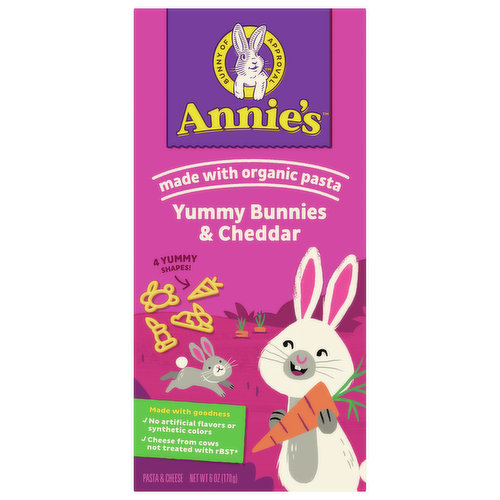 Bring creamy, cheesy goodness to your family dinner table with Annie's Yummy Bunnies Pasta Shapes and Cheddar Macaroni and Cheese. Made with real cheddar cheese and organic pasta in four adorable bunny and carrot shapes, Annie's mac and cheese offers a great-tasting adult and kids dinner option that is crafted with lots of care and packed with irresistible flavor. Annie's mac and cheese with organic pasta contains cheese from cows not treated with rBST*, offering quality ingredients in every tasty bite. This pasta and cheese dinner side contains no artificial flavors or synthetic colors for a tasty serving of Annie's macaroni and cheese you can feel good about. Kids and adults will love the rich combination of real cheese and bunny-shaped pasta, making it perfect for lunchtime, dinnertime or anytime you're in the mood for something downright delicious. Annie's cheddar mac and cheese is ready in just 15 minutes, helping you spend less time in the kitchen so you can enjoy quality time sharing a meal with your family. All you have to do is boil the pasta in water and drain in a colander. Heat three tablespoons of lowfat milk in a medium saucepan and mix in the cheese packet. Then, add the cooked pasta to the saucepan and stir well to combine. Serve Annie's mac n cheese as a side dish, use it to prepare baked bacon mac and cheese for your next family meal, or pair it with other kids food favorites like chicken nuggets. This six-ounce box is easy to store in the pantry and contains about two-and-a-half servings for a quick kids mac and cheese dinner option. Packaged with built-in play, there is a fun activity for you and your busy bunny printed on the back of the mac and cheese box. Annie’s macaroni and cheese dinner side is an official Box Tops For Education participating product. Download the Box Tops App to learn more and start earning cash for schools today.*No significant difference has been shown between milk derived from rBST-treated and non rBST-treated cows.