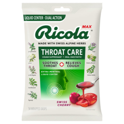 Ricola Cough Drops, Swiss Cherry, Throat Care, Extra Menthol, Liquid Center, Wrapped Drops