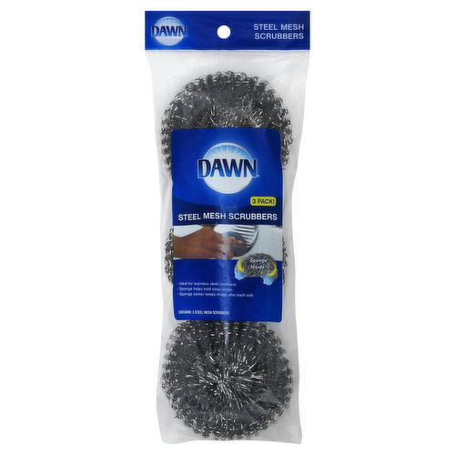 Contains: 3 steel mesh scrubbers. Sponge inside! Ideal for stainless steel cookware. Sponge helps hold soap longer. Sponge center keeps shape after each use. Features: Highly abrasive and durable scrubbers quickly remove that baked on mess. Absorbent sponge inside steel mesh helps the dish soap last longer in use. For Use on: cast iron pans; stainless steel cookware; broiler pans; grills. For customer support between 9:00am-5:00pm EST, please call toll free: 1.888.318.8521. www.dawnkitchen.com. Made in Mexico.
