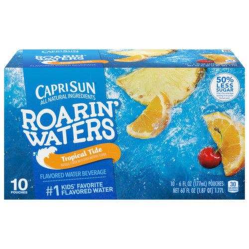 Roarin waters. No. 1 kids favorite flavored water. All natural ingredients. You only want what's best for your kids, and so do we! That's why we're committed to making Capri Sun Roarin waters with all-natural ingredients. Everything that goes into our pouches is there to bring out the epicness of childhood. In other words, it's all good. A wave of Deliciousness: Capri Sun Roarin' Waters is the perfect combination of refreshing, hydrating water and the epic fruit flavors that kids love. It's made with all-natural ingredients and has 50% less sugar than the average leading fruit juices (Per 12 fl oz. This product 15 g total sugar, Leading average fruit juices 40g total sugar. Capri-sun and the pouch shape are licensed trademarks of the Capri Sun group). With that much awesomeness in every pouch, Capri Sun Roarin' Waters is the flavored water that's guaranteed to make a splash!