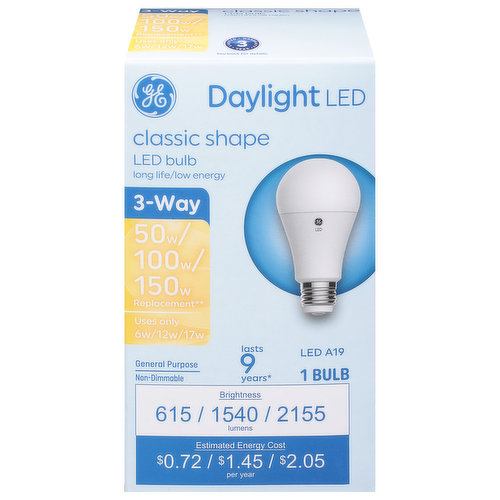 GE Light Bulb, LED A19, 3-Way, Daylight, Classic Shape