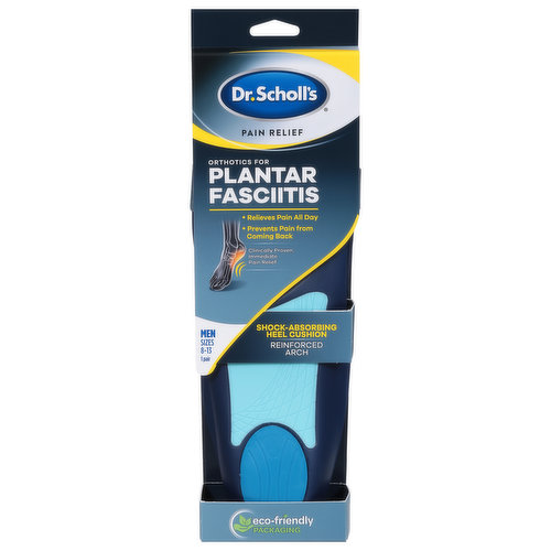 Pain relief. Relieves pain all day. Prevents pain from coming back. Clinically proven, immediate pain relief. Shock-absorbing heel cushion. Reinforced arch. Is this Right for Me? Dr. Scholl's Pain Relief Orthotics for Plantar Fasciitis is designed for people who suffer from the pain of plantar fasciitis in the heel. It provides immediate and all-day relief of pain from plantar fasciitis and can help prevent it from coming back. Full-length designs. Cushions your entire foot. Absorbs pain-including shock. Stabilizes and supports the arch. Dr. Scholl’s shock guard. How does it work? Plantar fasciitis occurs when the band of tissue along the underside of your foot (the plantar fascia) becomes stretched and aggravated. This can cause pain in the heel with every step you take. Dr. Scholl's pain relief of orthotics for plantar fasciitis provides dual-action relief by treating the sources of your pain: Cushions and protects your foot from the aggravating shock of each step. Supports your arch and prevents the plantar fascia from stretching further, allowing it to heal. Clinically proven pain relief. Try it risk free. Trim to fit. See instructions inside.