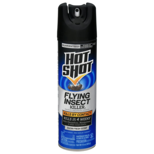Kills by contact. Kills for up to 4 weeks (Against mosquitoes and houseflies on non-porous surfaces). Kills houseflies, mosquitoes & other listed insects. Water based. Contains No CFCs or other ozone depleting substances. Federal regulations prohibit CFC propellants in aerosols.