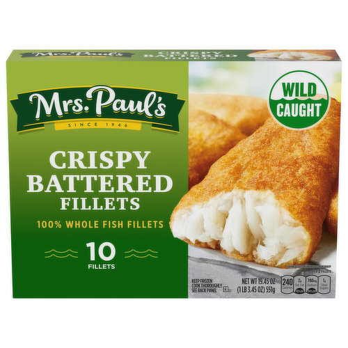 Per 2 Fillets: 240 calories; 2 g sat. fat. (10% DV); 780 sodium (34% DV); 1 g total sugars. 7 g of protein per serving. Natural source of Omega-3 (All seafood is a natural source of Omega-3). Since 1946. Good for you. Good for the environment. 2x USDA recommends eating seafood 2 times per week. www.mrspauls.com. how2recycle.info. Smartlabel: Scan or call 1-800-798-3318 for more food information. Questions or comments, visit us at www.mrspauls.com or call 1-800-798-3318. For recipe ideas visit: www.mrspauls.com. Wild Caught. 100% of our fish is sustainably wild caught. We have full traceability of all our fish.