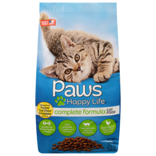 Calorie Content (calculated): Metabolizable Energy (ME) 5,488 kcal/kg; 310 kcal/cup. Nutritional Guarantee: Paws Happy Life Complete Formula Cat Food is formulated to meet the nutritional levels established by the AAFCO Cat Food Nutrient Profiles for all life stages of cats.