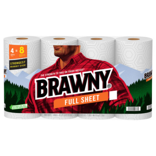 4 double rolls = 8 regular rolls (based on a Brawny regular roll with 60 sheets). Strongest brawny ever (when wet vs. all previous 2-ply Brawny paper towels). The strength to take on tough messes. Since 1974, The Brawny brand has been American icon of strength and durability. It is the original, big, tough towel. Engineered to handle the tough messes life can dish out. Giving you the confidence to accept all challenges and inspiring you to be your best self. So, stay strong. Stay resilient. Stay Giant. Sustainable Forestry Initiative: Certified sourcing. www.sfiprogram.org. Our towels are 100% backyard compostable. Did you know? Brawny Paper Towels are backyard and commercially compostable (facilities may not exist in your area). The trees used to make Brawny are renewable and responsibly sourced. One tree is regrown for every tree used. To learn more go to Brawny.com/sustainability. Proudly supporting American jobs.