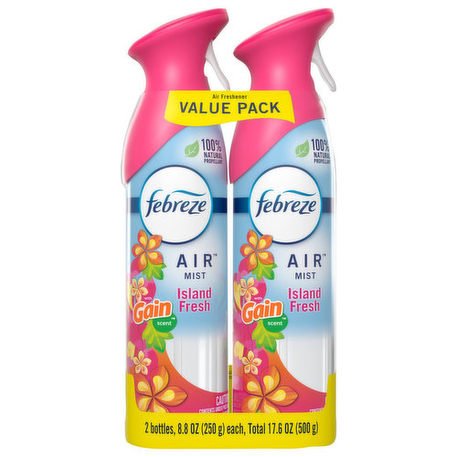 Odors. They’re everywhere… lingering in the air or arising at the most awkward times. Forget masking them with some froo-froo spray; Febreze Air Effects actually eliminates air odors. This can of ahhh-some straight up removes stink with a neat little molecule called cyclodextrin (Bonus: It’s naturally made from corn). It’s a handy air freshener that’s easy to use: Simply spray in a sweeping motion and clean away those bad smells anywhere... the bathroom, the kitchen, that cabin you rented for the weekend, the shoe closet, your kid's room… anytime you want an instant burst of fresh. With the luscious juicy citrus and white floral scent of Gain Island Fresh, you’ll float off to a scent-sensory paradise. And because Febreze AIR uses 100% natural propellants, you can confidently freshen your home every day. Looking for even more ways to breathe happy with Febreze? Take the freshness on the road with CAR Vent Clips.