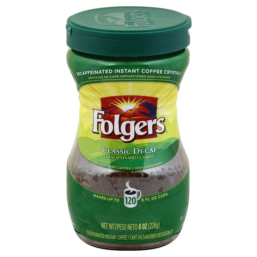 Makes up to 120 - 6 fl oz cups. Decaffeinated instant coffee. 100% pure coffee. Awaken your senses with the rich aroma of Folgers Decaffeinated Instant Coffee Crystals - with an easy-open flip top lid! Questions? 1-800-937-9745. www.folgers.com.