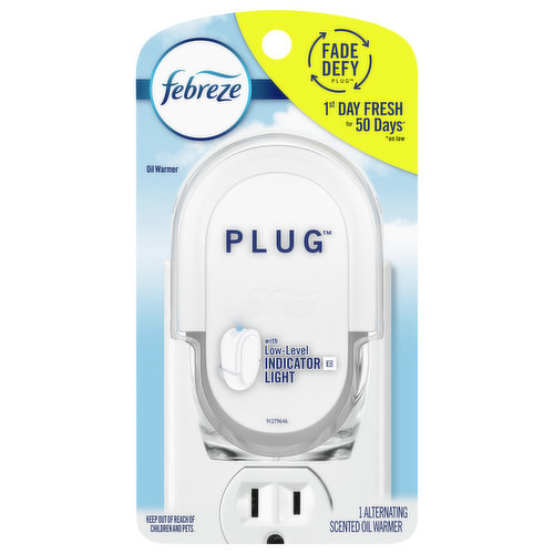 Fade defy. 1st day fresh for 50 days (on low). Low level indicator. Febreze warmer has a blue light that: Flashes twice when first plugged in to show it's working. Flashes continuously when it may be time for a new refill. Febreze Plug has two alternating scent chambers for noticeably long lasting freshness.