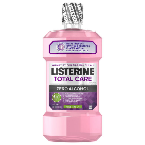 Give your mouth complete oral care with Listerine Total Care Zero Alcohol-Free Fluoride Anticavity mouthwash. Listerine Total Care Zero provides the same six dental hygiene benefits in one as Listerine Total Care Fluoride Anticavity Mouthwash, but in a less intense, alcohol-free mouthwash formula. With up to 2.4x the fluoride uptake than Act mouthwash brand**, this daily fluoride oral rinse formula helps prevent dental cavities by providing 50% greater strengthening of weakened enamel vs. brushing alone*. It freshens breath, kills 99% of germs that cause bad breath, cleans your whole mouth. From the #1 dentist-recommended brand of over the counter mouthwashes, this mouthwash for bad breath in Fresh Mint flavor gives your mouth a clean feeling you can taste, all with a zero alcohol formula. *In laboratory studies **In laboratory tests compared to Act Anticavity Fluoride Mouthwash, Act Total Care Anticavity Fluoride Mouthwash.