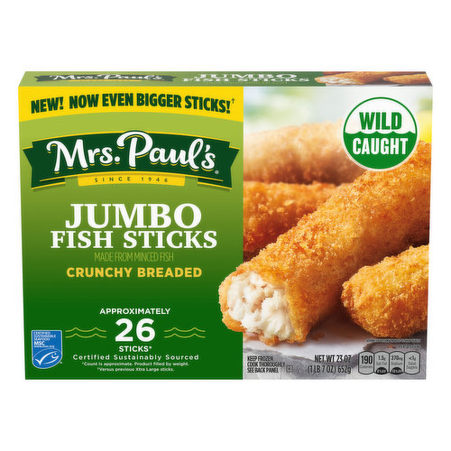 Jumbo fish sticks made from minced fish. Per 3 Sticks: 190 calories, 1.5g sat. fat (8% DV), 370mg sodium (16% DV), Less than 1 g total sugars. 8 g of protein per serving.  New! Now even bigger sticks! (Versus previous xtra large sticks). Since 1946. Approximately 26 Sticks (Count is approximate. Product filled by weight). Wild caught. Good for you. Good for the environment. USDA recommends eating sea food 2 times per week. Natural source of omega-3 (All sea food is a natural source of omega-3). www.msc.org. 100% of our fish is wild caught. We have full traceability of all our fish. www.mrspauls.com. how2recycle.info. SmartLabel: Scan here or call 1-800-798-3318 for more food information. Questions or comments: Visit us at www.mrspauls.com or call 1-800-798-3318. For recipe ideas visit: www.mrspauls.com. Certified sustainable seafood MSC. www.msc.org. Certified sustainably sourced.100% of our fish is certified by third parties for sustainability. 100% of our fish is wild caught. how2recycle.info.