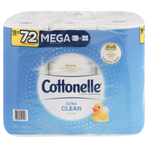 18 mega = 72 regular (Comparing number of sheets to the leading brand a regular roll). Use with flushable wipes to feel shower fresh. Strong. Cleaning ripples texture. Clog safe. Septic safe. Simply made with water & renewable fibers. Downtherecare for a refreshing clean. FSC: Mix - Paper from responsible sources. www.fsc.org.