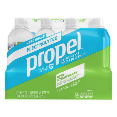 Naturally flavored with other natural flavors. Per Bottle: 0 calories; 0 g sat fat (0% DV); 230 mg sodium (10% DV); 0 g sugars. Zero sugar. Sugar free. From the makers of Gatorade. Electrolytes. propelwater.com. how2recycle.info. Comments: 877-3-Propel.