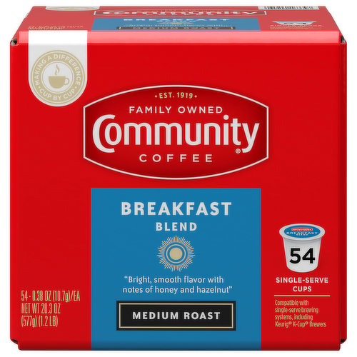 Bright, smooth flavor with notes of honey and hazelnut. Making a difference. Cup by cup. Est. 1919. Family owned. Compatible with single-serve brewing systems, including Keurig K-cup Brewers. We purposefully source the beans of our Breakfast Blend to highlight the full-bodied flavors of South and Central America. We then carefully roast them to bring out notes of honey and hazelnut, developing a rich, smooth flavor that will make the first cup of the day your favorite. Our Story. Over 100 years ago my great- grandfather, - Cap Saurage, created the very first batch of our signature coffee. He blended and served a cup so delicious that it became a local favorite. Out of appreciation for his community of friends and customers, Cap named it Community Coffee. Four generations later, we are dedicated to creating a variety of distinctive, full-flavored coffees. We blend and roast each coffee to reach its full potential, giving you a rich, smooth coffee experience every time. - Matt Saurage, 4th Generation Owner. www.communitycoffee.com. Facebook. Instagram. Twitter. Find us on facebook.com/CommunityCoffee. To learn more, visit CommunityCoffee.com/Giving-Back. For more information about Community products contact: Community Coffee Company 1-800-884-5282. Making a difference. Cup by cup. We believe it is important to do more than make great coffee. By supporting and giving back to local communities, every cup makes a difference to the people and places that make us Community Coffee. To learn more, visit CommunityCoffee.com/Giving-Back. Community Coffee: Cash for schools - 3 points. CommunityCoffee.com/CashforSchools. Discover more varieties at CommunityCoffee.com. This carton is made with recycled material. Our Story
Over 100 years ago my great-grandfather, "Cap" Saurage, created the very first batch of our signature coffee. He blended and served a cup so delicious that it became a local favorite. Out of appreciation for his community of friends and customers, Cap named it "Community Coffee." Four generations later, we are dedicated to creating a variety of distinctive, full-flavored coffees. We blend and roast each coffee to reach its full potential, giving you a rich, smooth coffee experience every time.
Matt Saurage
4th Generation Owner; Making a Difference Cup by Cup
We believe it is important to do more than make great coffee. By supporting and giving back to local communities, every cup makes a difference to the people and places that make us Community Coffee.; We purposely source the beans of our Breakfast Blend to highlight the full-bodied flavors of South and Central America. We then carefully roast them to bring out notes of honey and hazelnut, developing a rich, smooth flavor that will make the first cup of the day your favorite.