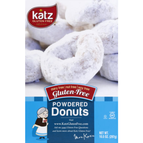 Full of taste. Dairy free. Nut free. Soy free. Visit www.katzglutenfree.com. Ask me your gluten-free questions and learn more about Katz Gluten Free! Mrs. Katz. Certified gluten free. Did you know: Meat, fish, and eggs are naturally gluten free, but processed meats such as sausages, breaded chicken strips, or breaded fish filets may contain gluten. All of our products are manufactured in the US, in our own certified gluten, dairy and nut-free (tree nuts & peanuts) facility. www.katzglutenfree.com. Product of USA.