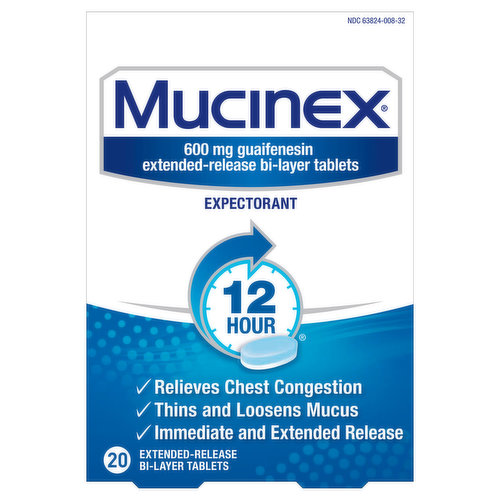 Mucinex Expectorant, Guafenesin, Extended-Release, Bi-Layer, 600 Mg, Tablets