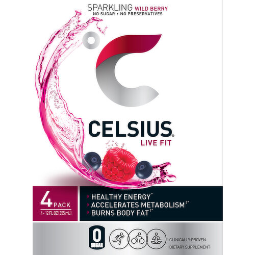 Celsius Energy Drink, Wild Berry, Sparkling, 4 Pack