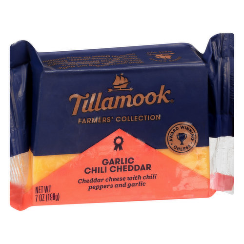 Cheddar cheese with chili peppers and garlic. Contains no animal rennet (vegetarian). Farmer's collection. Award winning cheese. Farmed owned. Est. 1909. What you're holding isn't stuffy, save-it-for-later cheese. This is better get two because one might not make it home cheese. Special occasion cheese for every occasion. All farmers who supply milk for Tillamook products pledge not to use artificial growth hormones. The FDA has stated that no significant difference has been shown between milk derived from rBST treated and non-rBST treated cows. Tillamook.com/Contact. Questions? Comments? Visit Tillamook.com/Contact. Made in the USA.