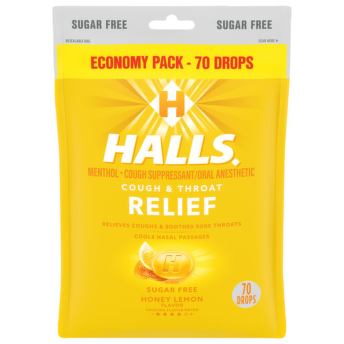 HALLS HALLS Relief Honey Lemon Sugar Free Cough Drops, Economy Pack, 70 Drops