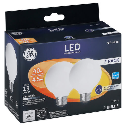 Brightness Quantity: 350 lumens. Energy Info: $0.54 based on 3 hrs/day, 11 cents/kWh. Cost depends on rates and use. 4.5 watts. Package Info: 2-Pack. 2. Bulb Info: Indoor. LED. Is Dimmable. Has Energy Star Logo. Screw. Medium base. Bulb Life: 13.7 years based on 3 hrs/day. Bulb Appearance: 2700 k.