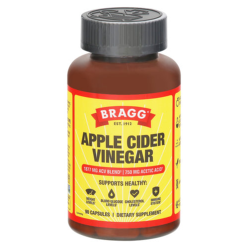 Bragg - Est. 1912. Supports Healthy: Weight levels; Blood glucose levels; Cholesterol levels; Immune system. Daily Dose of Wellness: Made with Bragg Apple Cider Vinegar, we're packing 10 years of wisdom in every capsule. Now you can he benefits of our original ACV plus the extra immune health benefits of Vitamin D and Zinc. 750 mg of Acetic Acid (The good stuff): Each daily serving of three capsules provides 750 mg of The Good Stuff - the same amount as one tablespoon of liquid ACV -  which has been clinically shown to maintain healthy weight, cholesterol, and blood sugar levels.