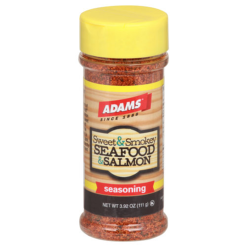 Since 1888. Add some zest to your culinary creation with the perfectly balanced flavors of pepper, paprika, and sugar, Adams sweet and Smokey seafood & salmon seasoning will add a deliciously sweet and Smokey flavor to all seafood. Straight out of the kitchens of the pacific northwest, this seasoning is also a perfect pairing for poultry, pork, pasta, and vegetables. Sprinkle directly on your favorite piece of seafood and grill, broil, or pan fry. Filled by weight. www.AdamsExtract.com. Made in USA.