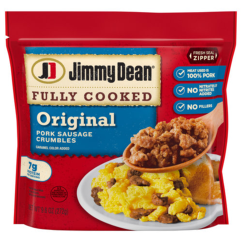 Jimmy Dean Fully Cooked Original Breakfast Sausage Crumbles are made with premium pork sausage that is seasoned to perfection with a signature blend of spices. Fully cooked and ready in minutes, these cooked sausage crumbles are a convenient way to enjoy breakfast sausage. Simply microwave or heat these ground sausage crumbles on the stovetop, then add them to favorite breakfast, lunch or dinner recipes.