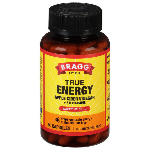 Est. 1912. Helps generate energy at the cellular level. Daily Dose Of Energy: Made with Bragg Apple Cider Vinegar plus six essential B Vitamins, each capsule supports a steady flow of energy at the cellular level. Unlike stimulants, this potent formulation delivers fuel to your cells, powering them to be more efficient, so you feel stronger and ready to take on your day. 750 mg Of Acetic Acid (the Good Stuff): Each daily serving of three capsules provides 750 mg of The Good Stuff-the same amount as one tablespoon of liquid ACV-which has been clinically shown to maintain healthy weight, cholesterol, and blood sugar levels. Think of it as a building block for better energy. Supports Healthy: Weight levels; Blood glucose levels; Cholesterol levels.