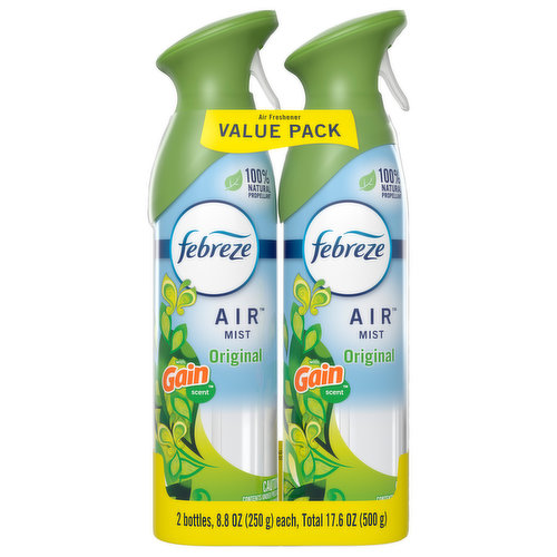Odors. They’re everywhere… lingering in the air or arising at the most awkward times. Forget masking them with some froo-froo spray; Febreze Air Effects actually eliminates air odors. This can of ahhh-some straight up removes stink with a neat little molecule called cyclodextrin (Bonus: It’s naturally made from corn). It’s a handy air freshener that’s easy to use: Simply spray in a sweeping motion and clean away those bad smells anywhere... the bathroom, the kitchen, that cabin you rented for the weekend, the shoe closet, your kid's room… anytime you want an instant burst of fresh. With rich amber, invigorating greens, and sweet florals, the freshness of Gain Original Scent is a treat to your nose... without doing a single load of laundry. And because Febreze AIR uses 100% natural propellants, you can confidently freshen your home every day. Looking for even more ways to breathe happy with Febreze? Take the freshness on the road with CAR Vent Clips.