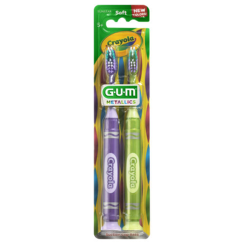 5+. New colors! Metallics. Suction cup base. Gum Crayola marker-shaped toothbrush, in metallic colors, makes brushing fun! Raised tip bristles clean hard-to-reach back teeth. Slim handle design provides an ergonomic hold and easier grip for small hands. Suction cup base holds the toothbrush upright which helps to keep bristles clean and reduces clutter on the counter. Quality Guarantee: Sunstar Americas, Inc. guarantees the quality of this Crayola product. If this product does not perform properly, contact us in the US at 1-800-777-3101, (M-Th 7am-6pm and Friday 7am-5pm CT). GUMbrand.com. Made in China.