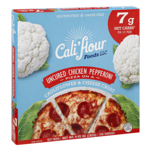 Pizza on a cauliflower & cheese crust. 7 g net carbs (Net carbs include only those carbohydrates that have measurable impact on blood sugar levels) per 1/2 pizza. Compare us to other frozen pizzas. 280 calories per 1/2 pizza. 23 g protein per 1/2 pizza. % of calories (calories per gram used to calculate % of calories) 32% protein. 11% total carbs. 57% fat. How We Calculate Net Carbs: Total carbs 8 g - fiber 1 g = Net Carbs: 7 g. Gluten free. Grain free. Cauliflower meets a classic. It's pizza, perfected. Delicious mozzarella and uncured chicken pepperoni top this cauliflower and cheese crust. This pizza is gluten- and grain-free, and made with simple ingredients. After being diagnosed with Lupus a few years back, I knew I needed to start eating more mindfully so I set out to create wholesome, delicious food without sacrificing on taste. Woman founded! Inspected for wholesomeness by US Department of Agriculture. califlourfoods.com. Follow Us: Instagram. Facebook. Pinterest. YouTube. Twitter. (at)caluflourfoods. Learn how I started Cali'flour Foods at califlourfoods.com.
