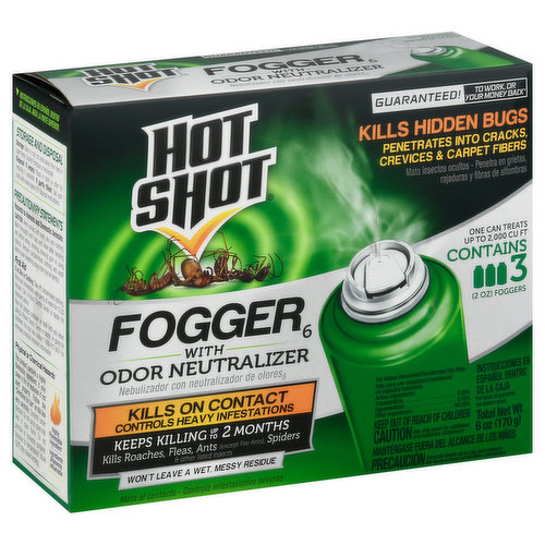 Kills hidden bugs. Penetrates into cracks, crevices & carpet fibers. One can treats up to 2,000 Cu Ft. Kills on contact. Controls heavy infestations. Keeps killing for up to 2 months. Kills roaches, fleas, ants (except fire ants), spiders & other listed insects. Won’t leave a wet, messy residue. For indoor household/residential use only. Hot Shots Fogger 6 with Odor Neutralizer creates a fine, penetrating mist that reaches deep into cracks and crevices to flush out and kill hidden bugs on contact. When used as directed, the clear, non-staining formula will not harm drapes, upholstery, fabrics, carpeting, bedspreads, floor tiles, wood floors, linens, furniture, walls, clothing, ceilings, shades or blinds. Kills both flying and crawling insects on contact. Quick Facts: Fast acting - works in two hours. Non-staining, no messy residue. Coverage: Each can covers 2,000 cu ft of unobstructed space (15.5 ft x 16 ft with 8 ft ceiling). Do not use in rooms 5 ft x 5 ft or smaller. Instead, allow fog to enter from other rooms. Kills Insects: Ants (except Fire Ants), Black Carpet Beetles, Brown Dog Ticks, Crickets, Earwigs, Firebrats, Fleas, Flies, Gnats, Houseﬂies, Mosquitoes, Palmetto Bugs, Pillbugs, Rice Weevils, Roaches, Saw Toothed Grain Beetles, Silverﬁsh, Small Flying Moths, Spiders and Waterbugs. Does not control Bed Bugs. Where to Use: In enclosed spaces such as: Apartments, Attics, Barns, Basements, Boat Cabins, Cabins, Campers, Crawl Spaces, Garages, Homes, Households, Sheds, Storage Areas and Trailers. Contains No CFCs or other ozone depleting substances. Federal regulations prohibit CFC propellants in aerosols.