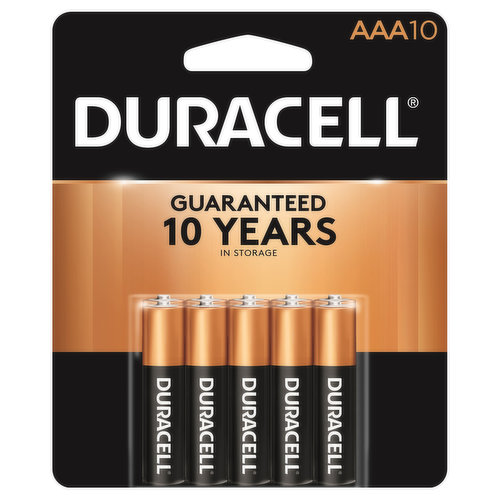 1.5 V. MN2400B10. Guaranteed 10 years in storage. Guarantee: If not completely satisfied with this alkaline battery product, call 1-800-551-2355 (9:00 AM-5:00 PM EST). Duracell guarantees these batteries against defects in materials and workmanship. Should any device be damaged due to a battery defect, we will repair or replace it at our option. No. 1 trusted brand. www.duracell.com. Made in USA of foreign and domestic materials.