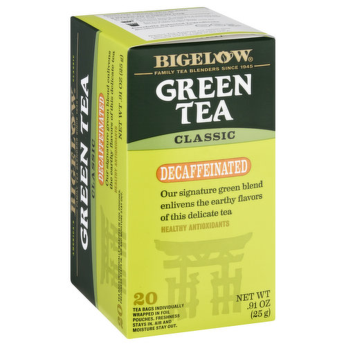 Our signature green blend enlivens the earthy flavors of this delicate tea. Gluten-free. Healthy antioxidants. Caff-O-Meter (Represents average caffeine content; individual products may vary) Content Per Serving: Coffee 100-120 mg; Black tea 30-60 mg; Green tea 25-50 mg; Decaf tea 1-8 mg; Herbal tea 0 mg. Non GMO. Family tea blenders since 1945. 20 Tea bags individually wrapped in foil pouches. Freshness stays in air and moisture stay out. America's classic. Carefully selected ingredients decaffeinated green tea. Settling is not an option: Our time honored tradition of tea blending delivers a superior flavor that is smooth and delicate without any bitterness. Our family's recipe combines hand-picked tea leaves, harvested at their peak with years of expertise and craftsmanship. Quality ingredients and unprecedented skill takes our Green Tea to a level beyond compare - one sip, and you will taste the difference. Cindi Bigelow CEO & President. 3 rd Generation. Visiting tea gardens. Protected in foil. Because flavor matters: Our family selects ingredients so carefully that they must protect them in foil to allow you to experience their full Flavor; Freshness; Aroma. Our Promise: We love to hear what you have to say. If you do call our Consumer Services Crew please reference the code on our box. bigelowtea.com Facebook. Twitter. Instagram. (hashtag)TeaProudly. Ethical Tea Partnership. Certified B Corporation. Our tea bags are compostable. Our folding cartons are recyclable. Proud to be Zero-Landfill Company. Blended and packaged in the USA. Manufactured in the USA 100% American family owned.
