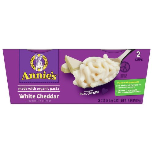 Whip up your family's favorite comfort food with Annie's White Cheddar Microwave Macaroni and Cheese Cups. Simply add water, microwave, and enjoy a cup of mac and cheese without the extra time or dishes. Plus, this organic pasta and real cheese yumminess is made with just the good stuff — no artificial flavors, synthetic colors or preservatives. You'll have two cups of comfort — one for home and one for on the go. Savor the creamy, dreamy sauce made with real cheese in our yummy white cheddar flavor. Spoon up some magic.Annie's makes products in over 20 family-friendly categories — from fruit-flavored snacks and cereal to mac & cheese. For busy bunnies and families on the go, we help make life a little easier and more delicious by sweetening-up packed lunches or by adding to a savory, yummy dinner. Annie’s is devoted to spreading goodness through nourishing, tasty foods and kindness to the planet.