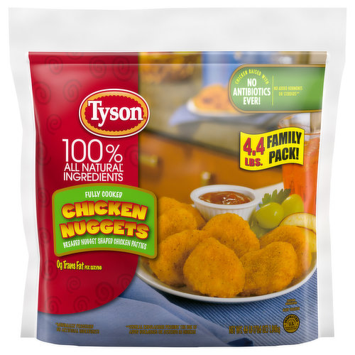 Tyson Fully Cooked Chicken Nuggets are a delicious addition to any family meal. Our frozen chicken nuggets are made with all natural* chicken with no preservatives, then breaded and seasoned to perfection. Fully cooked and ready to eat, simply heat frozen chicken nuggets in an oven or microwave and serve for a delicious lunch. *Minimally processed, no artificial ingredients.