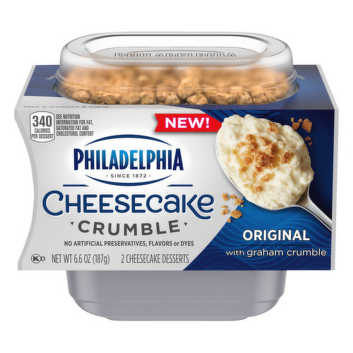 No artificial preservatives, flavors or dyes. 340 calories per dessert. See nutrition information for fat, saturated fat and cholesterol content. New! Since 1872. Buttery graham crumble on top and Philadelphia cheesecake on the bottom. Take a moment & enjoy. creamcheese.com. Scan for info. Buttery graham crumble on top and Philadelphia cheese cake on the bottom.