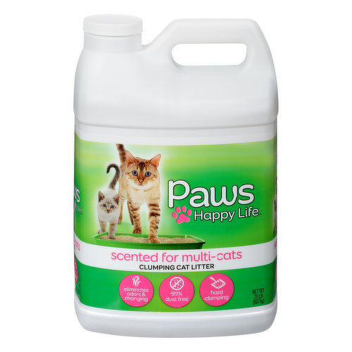 Eliminated odors & changing. 99% dust free. Hard Clumping. Paws Happy Life scented for multi-cats clumping cat litter may just inspire you to grow your family (your furry family that is)! Our hard clumping formula makes cleaning easy and odors disappear thanks to special odor-fighting agents. You can thank us by naming your next cat Paws. Behind every pounce, purr, tail wag or fetch is a happy pet. Our mission at Paws Happy Life is to help maintain your pets' health and well-being by offering affordable, quality food, treats, toys and accessories for a happy life. Product is filled by weight, some settling may occur. Convenient recyclable container.