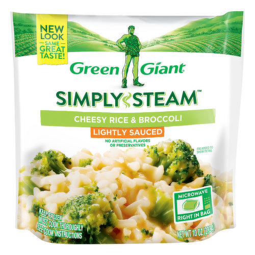 Green Giant Simply Steam Cheesy Rice & Broccoli delivers the great-tasting steamed vegetables you and your family want to live a balanced lifestyle. A flavorful addition to lunch or dinner, each bag contains steamed rice and broccoli in a cheese sauce. Made with no artificial flavors or preservatives, Green Giant frozen vegetables make it easier to get your daily serving of veggies. This frozen Cheesy Rice & Broccoli item is available in a convenient microwave-safe bag for easy preparation. To enjoy this Cheesy Rice & Broccoli blend, microwave it in the bag on high according to package directions. Keep Green Giant Simply Steam Cheesy Rice & Broccoli frozen until ready to cook and refrigerate any leftovers. Green Giant works hard to make it easy for you to be good to yourself.