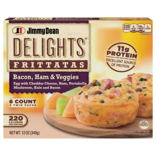 Bring power to your mornings without all of the bread and carbs! Jimmy Dean Delights Frozen Bacon, Ham and Veggies Frittatas are packed with bacon, ham, Portobello mushrooms, kale and cheddar cheese all in a fluffy egg muffin for a delicious, portable breakfast. With 11 grams of protein per serving, it's the perfect protein-packed option for your breakfast routine. Simple to prepare and ready in minutes, our frittatas are made with premium ingredients and the Jimmy Dean quality you know and trust. Just microwave and serve for a delicious breakfast at home or on-the-go. One package includes 6 Bacon, Ham and Veggies Frittatas. Jimmy Dean once said, "Sausage is a great deal like life. You get out of it what you put in." Which pretty much sums up his magic formula for having a great day. Today, Jimmy Dean Brand brings you many ways to add some sunshine to your morning. Because today's your day to shine on.