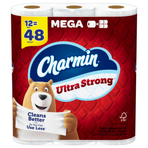 Get sparkly clean with Charmin Ultra Strong. It’s 4X stronger when wet* and has a diamond weave texture. It’s woven like a washcloth and holds up when you wipe. It even cleans better so you can use less* and go longer without changing the roll**. We also made it MEGA in size, so you get mega value. That’s right, our Charmin Ultra Strong Mega Roll is way bigger, equals 4 regular rolls, and it’s more bang for your behind so you’ll be running back to the store less and less (based on number of sheets in Charmin Regular Roll bath tissue). Our Charmin Ultra Strong toilet paper is also 2-ply and designed to be clog-safe and septic-safe so you can flush confidentially and keep clean. We all go, why not Enjoy The Go with America’s favorite toilet paper***.*vs. leading USA 1-ply bargain brand** vs. Charmin Regular Roll***Charmin Brand based on sales. Source: Nielsen 2021 dollar sales.