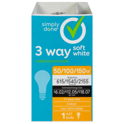 A21 bulb. 1.1 year life. Indoor. Non-dimmable. Living room - vibrant! Reading nook - serene! From relaxing to radiant, light your way with quality, 3-way light bulbs from Simply Done. Quality Guarantee: If you are not 100% satisfied, return our product for a full refund. www.besimplydone.com. Scan for more information. Call 1-888-423-0139 for more information. Made in Hungary. Brightness Quantity: 615 lumens; 1540 lumens; 2155 lumens. Energy Info: $6.02; $12.05; $18.07 based on 3 hrs/day, 11 cents/kWh. Cost depends on rates and use. 50 watts; 100 watts; 150 watts. Package Info: 1. Bulb Info: Indoor. Is Three Way. Screw. Bulb Life: 1.1 years based on 3 hrs/day. Bulb Appearance: 2850 k.
