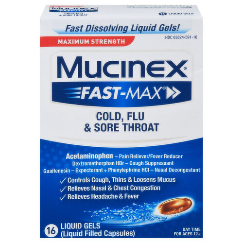 Mucinex Cold, Flu & Sore Throat, Maximum Strength, Day Time, Liquid Gels