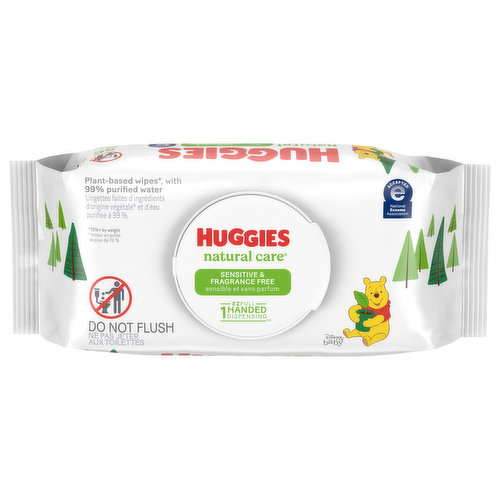 Huggies Natural Care Sensitive Baby Wipes are soft, plant-based wipes since 1990, made with 99% purified water and 1% skin essential ingredients for a gentle clean. Infused with aloe and vitamin E, the unique base sheet locks-in and absorbs the mess to help keep your baby's skin clean and moisturized. With no harsh ingredients, Huggies Natural Care unscented diaper wipes are hypoallergenic, dermatologist-tested and pH-balanced to help maintain healthy skin for your baby. They're recognized by the National Eczema Association because they're safe for sensitive skin, being fragrance free, alcohol free, paraben free and do not contain phenoxyethanol or MIT. Huggies Natural Care unscented baby wipes are extra soft and gentle, making them ideal for sensitive newborn skin. These disposable baby wipes come in exclusive Winnie-the-Pooh packaging for a delightful touch. Plus, with EZ Pull 1-Handed Dispensing, it's easy to grab wipes without wasting sheets! With the #1 branded wipe**, you can feel confident you are giving baby a safe, gentle clean every time. Join the Huggies Rewards Powered by Fetch to get rewarded fast. Earn points on Huggies diapers and wipes, in addition to thousands of other products to redeem for hundreds of gift cards. Check out the Fetch Rewards app to get started today! (*70%+ by weight) (**Based on US Nielsen data ending 9/4/2021)