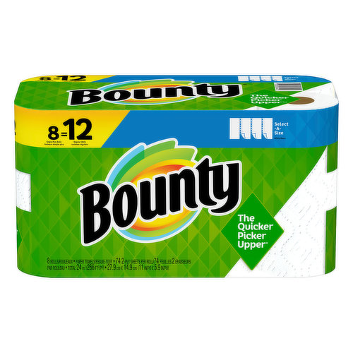 27.9 cm x 14.9 cm (11 in x 5.9 in). 74 2-ply sheets per roll.Total 24 sq m (266 sq ft). 8 single plus rolls = 12 regular rolls. The quicker picker upper (vs. leading ordinary brand). www.BountyTowels.com. www.pg.com. how2recycle.info. Questions? Comments? Call 1-800-9-Bounty. Bounty Napkins. Try napkins. Made in the USA from domestic and imported materials.