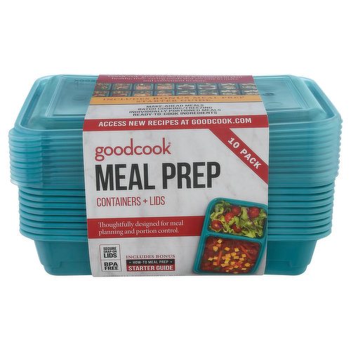 Thoughtfully designed for meal planning and portion control. Secure snap-on lids. Includes Bonus: how to meal prep; starter guide. Live well, prep healthy. Goodcook gives you the tools & resources to plan healthy, time-saving meals that are easy to make and convenient to store. Includes bonus meal prep starter guide. Make-ahead meals batch cooking/freezing individually portioned meals ready-to-cook ingredients. 2-compartment entree and 1 side. Microwave, freezer and dishwasher safe.