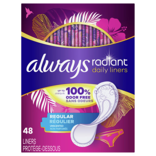 Stay fresh whatever your style. Always Radiant Daily Liners Regular provide you with up to 100% odor-free protection against daily discharge. These liners are especially designed to adapt to bikini panties so you can stay true to your style every day of the month.Plus, the Edge-2-Edge adhesive helps hold the pantiliner in place for dry protection. The Always Liners Fit sizing chart shows a range of liners for different shapes and needs so you can find your best fit.Keep your style fresh – wear what you want and do what you want with Always Radiant Daily Liners.