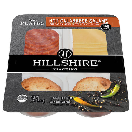 Spicy Calabrese salami, natural Gouda cheese and toasted rounds come together in Hillshire Snacking Small Plates for a grown up twist on snack time. Our Hot Calabrese Salami Small Plate features chef curated ingredients and flavors such as fiery red chili pepper, cured salami and sliced gouda cheese. Pair with a full bodied brown ale to enhance the flavors of the spicy Calabrese salami and Gouda.