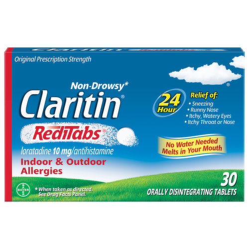 In Each Tablet Other Information: Safety sealed: do not use if the individual blister unit imprinted with Claritin RediTabs is open or torn; store between 20 degrees to 25 degrees C (68 degrees to 77 degrees F); use tablet immediately after opening individual blister; complies with USP procedure 2 for assay and organic impurities and test 2 for disintegration. 24 hour Relief of; sneezing; runny nose; itchy, watery eyes; itchy throat or nose. No water needed melts in your mouth. Non-drowsy (When taken as directed. See drug facts panel). www.claritin.com. Question or comments? 1-800-Claritin (1-800-252-7484) or www.claritin.com. Recyclable carton. Product of Ireland.