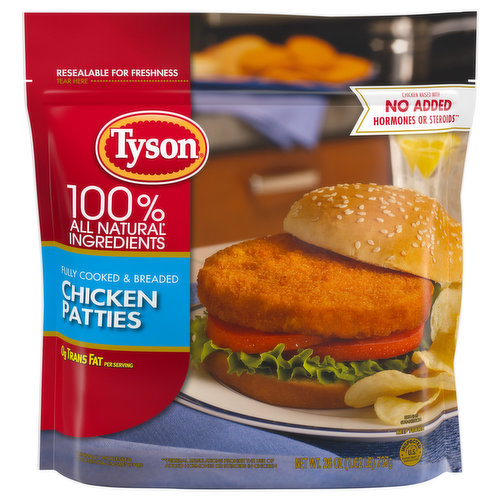 Made with chicken raised with no antibiotics ever, Tyson Fully Cooked Chicken Patties are a delicious addition to any meal. Our chicken patties are made with no preservatives, then breaded and seasoned to perfection. With 0 grams of trans fat per serving, these chicken patties are perfectly sandwich sized for a quick lunch or dinner. Fully cooked and ready-to-eat, simply prepare in an oven or microwave. Includes one 26 oz. package. Everything seems to turn out a whole lot better when you just keep it simple. No nonsense. Just stick to the good stuff. The 100% real stuff that makes life, and chicken, great. With farm raised chicken of the highest quality, with no antibiotics ever, no added hormones or steroids**, we keep it real in everything we do. Keep it real. Keep it Tyson. *Minimally processed, no artificial ingredients. **Federal regulations prohibit the use of added hormones or steroids in chicken.